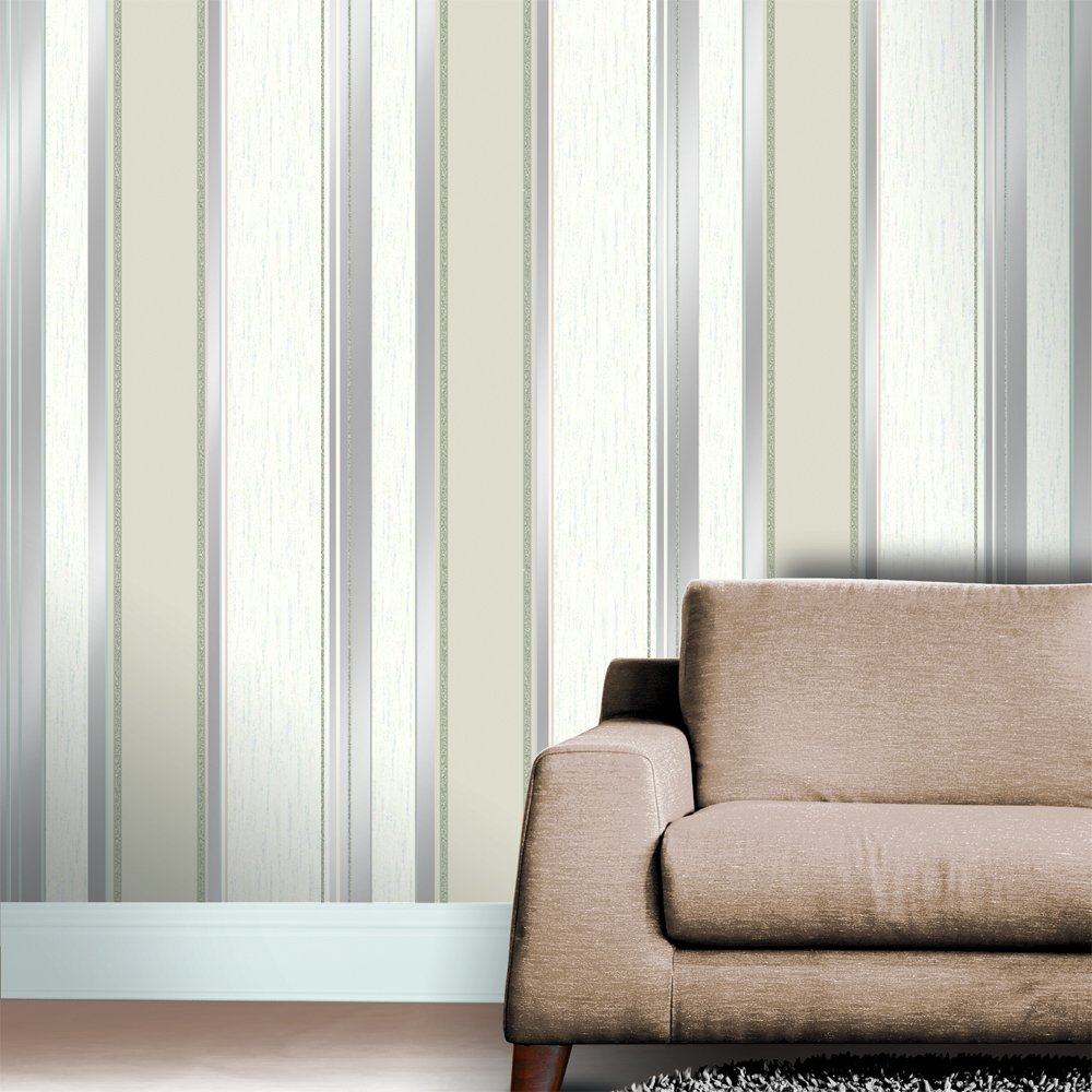 Synergy Striped Designer Feature Wallpaper Taupe Cream Silver