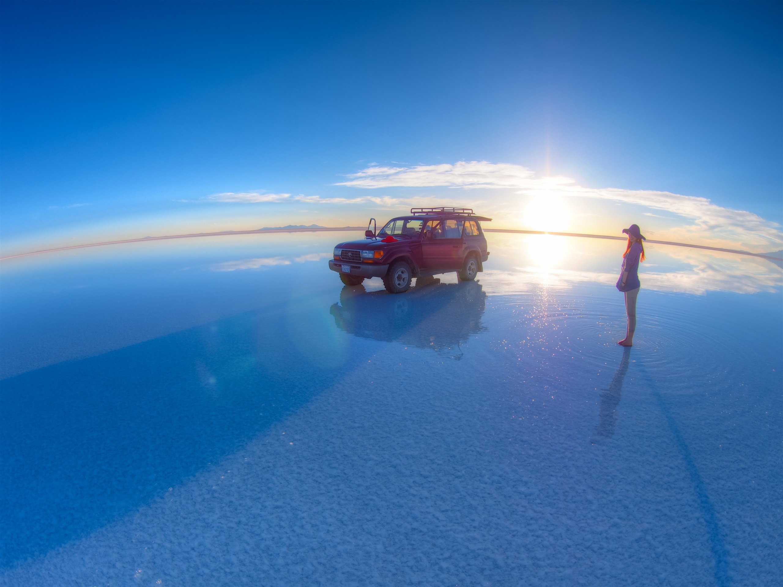 Uyuni Salt Lake Girl Toyota Pickup Sunset Blue Sky Wallpaper