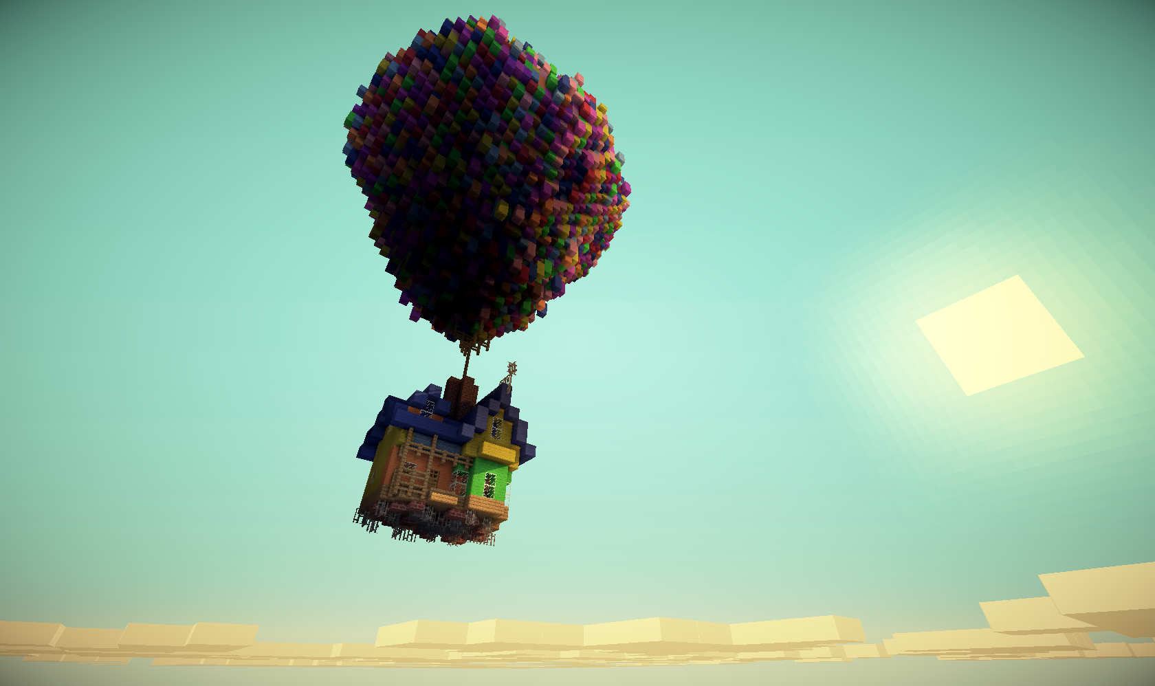 A whimsical Minecraft rendition of the house from the movie 'Up', soaring through the sky with a cluster of colorful balloons