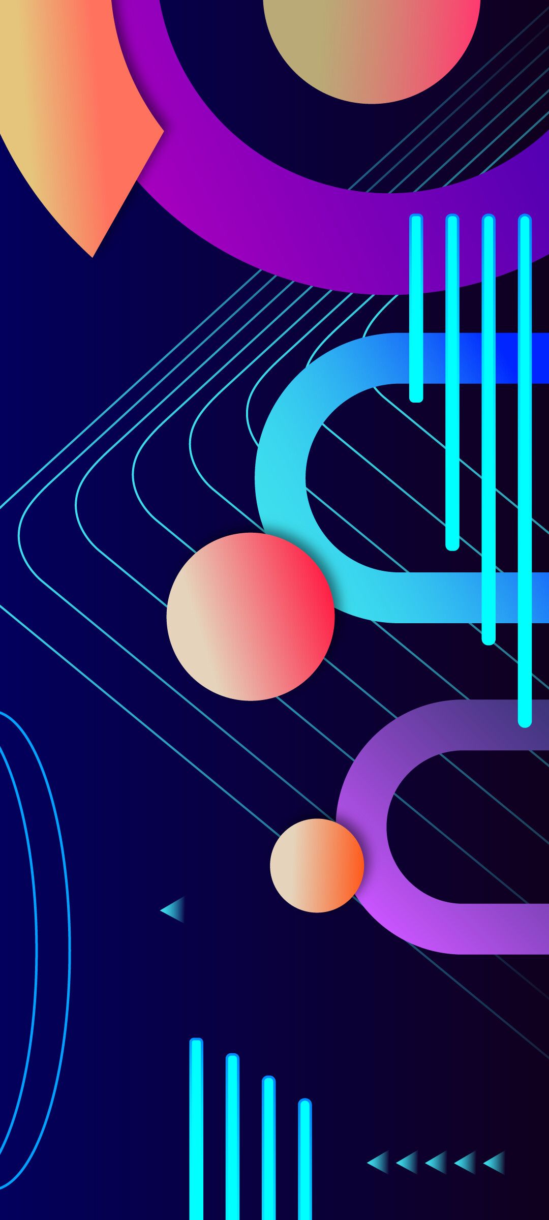 Vivid AMOLED 4K abstract wallpaper with vibrant geometric shapes and neon accents on a dark background