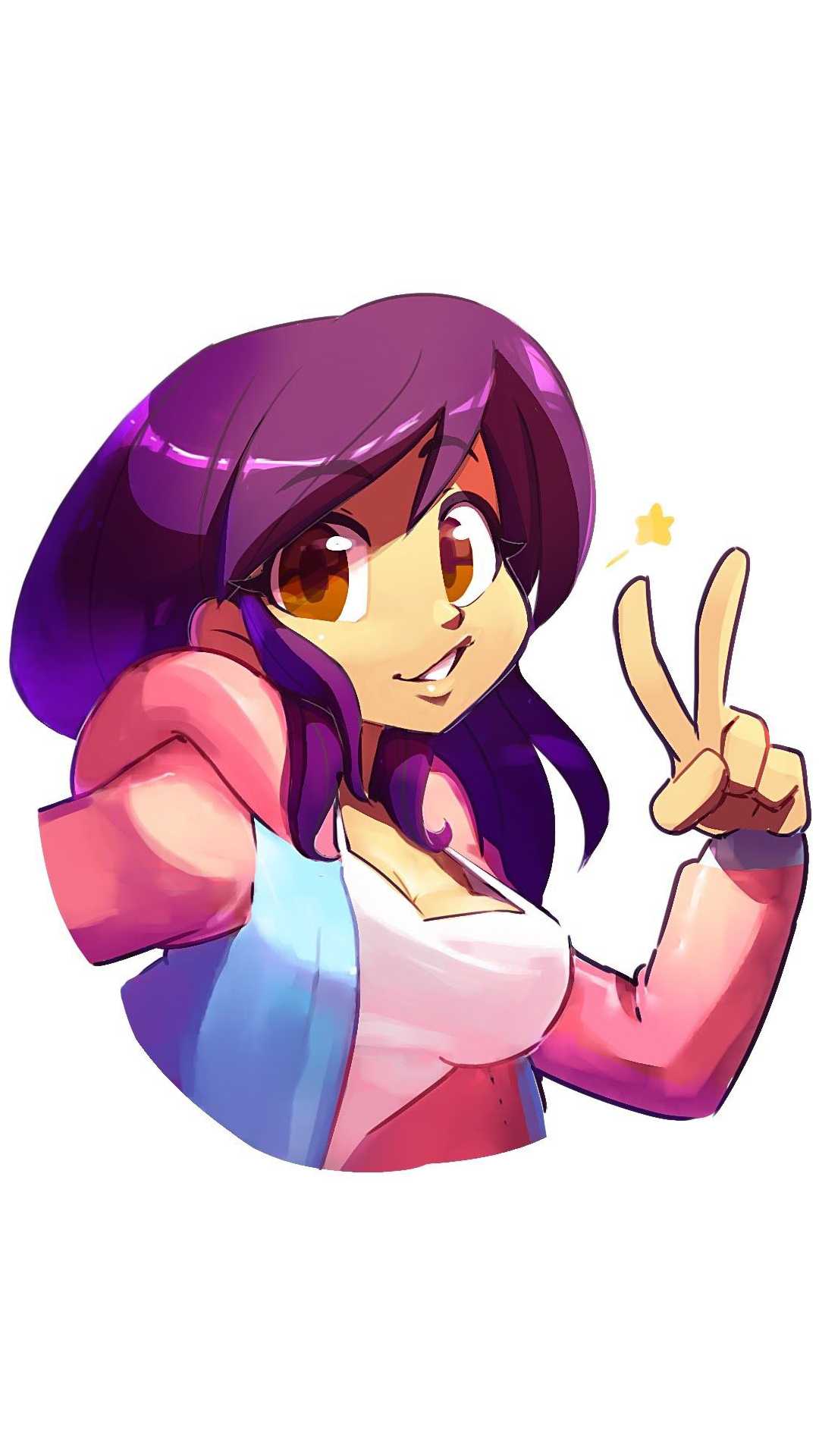 A vibrant, stylized portrait of Aphmau, a popular YouTuber and gaming personality, flashing a peace sign against a clean white background