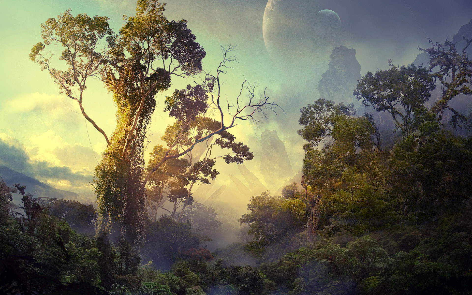A lush, vibrant jungle landscape reminiscent of Avatar's Pandora, with towering trees, misty valleys, and a large moon in the sky