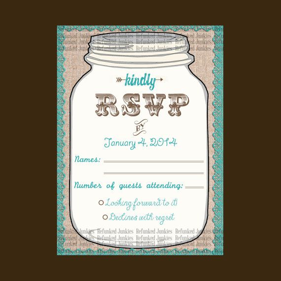 Mason Jar Rsvp Template Burlap Background With Teal Lace Border