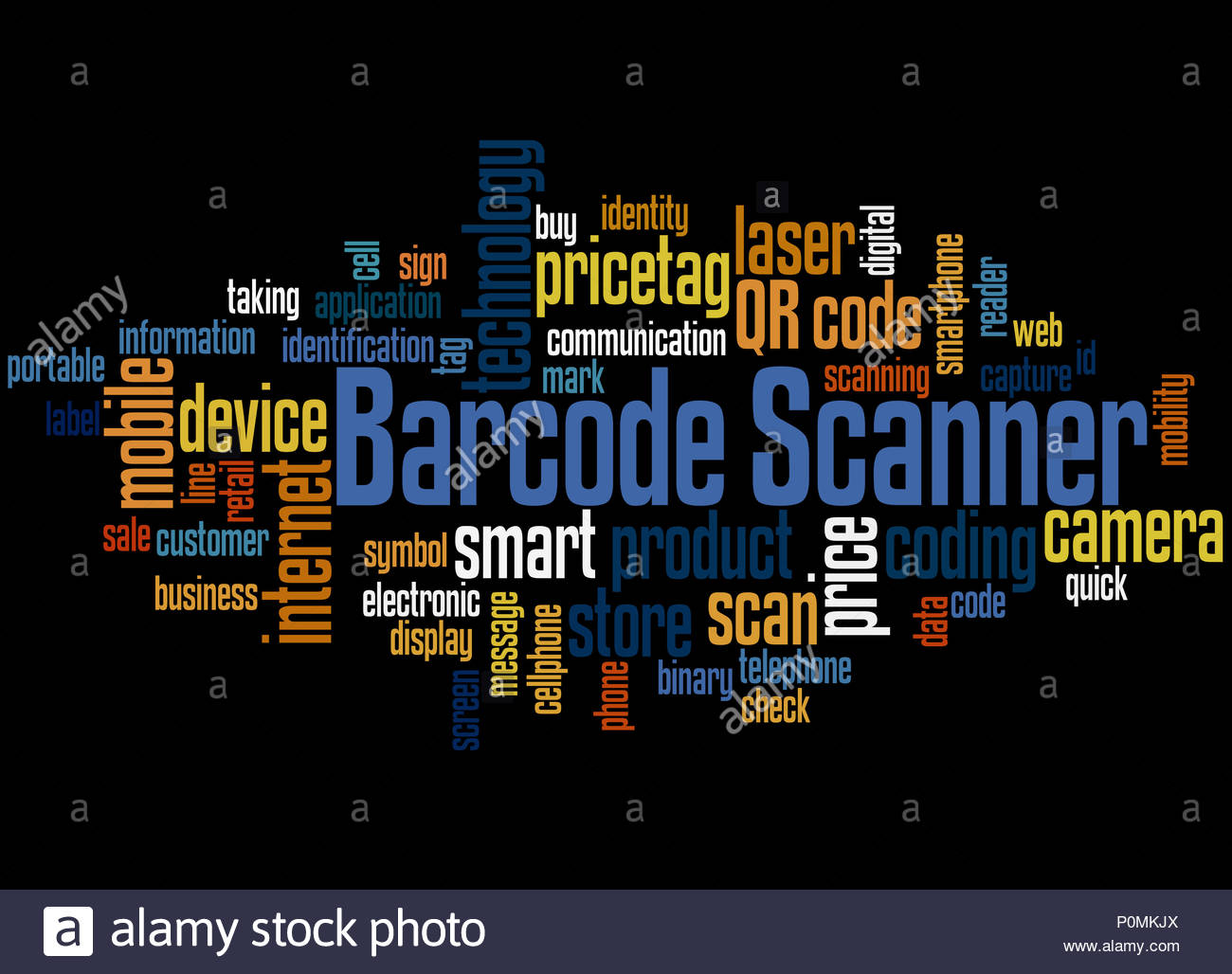 Barcode Scanner Word Cloud Concept On Black Background Stock Photo