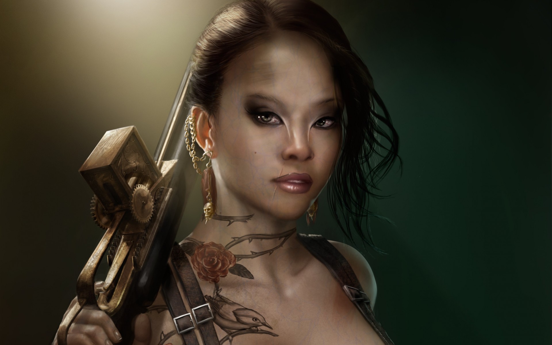 Females Girls Weapons Guns Dark Fantasy Face Wallpaper Background