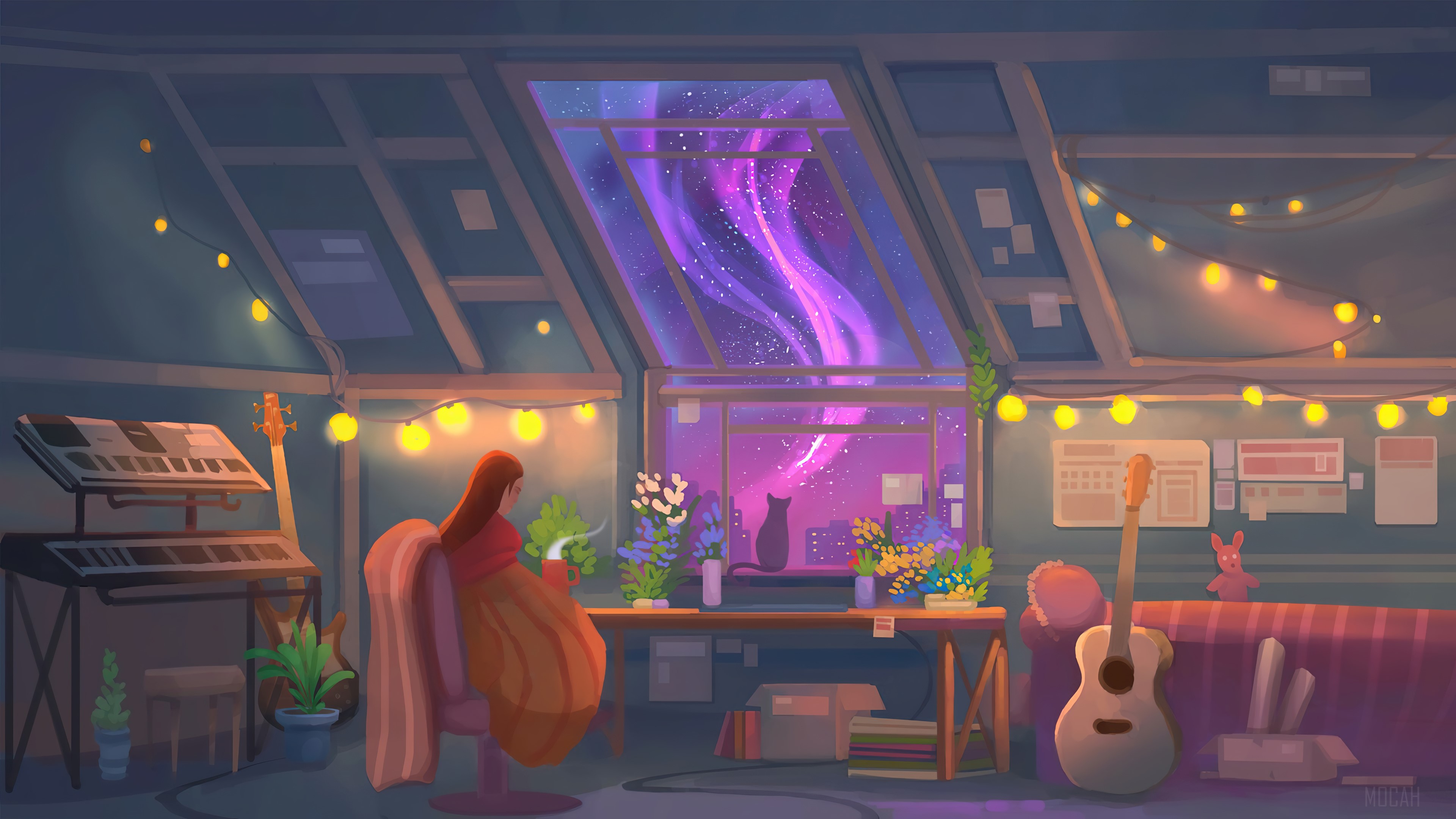 Cozy attic room at night with a view of the city skyline and aurora borealis through the skylight. A woman sits at her desk with a cat on the windowsill