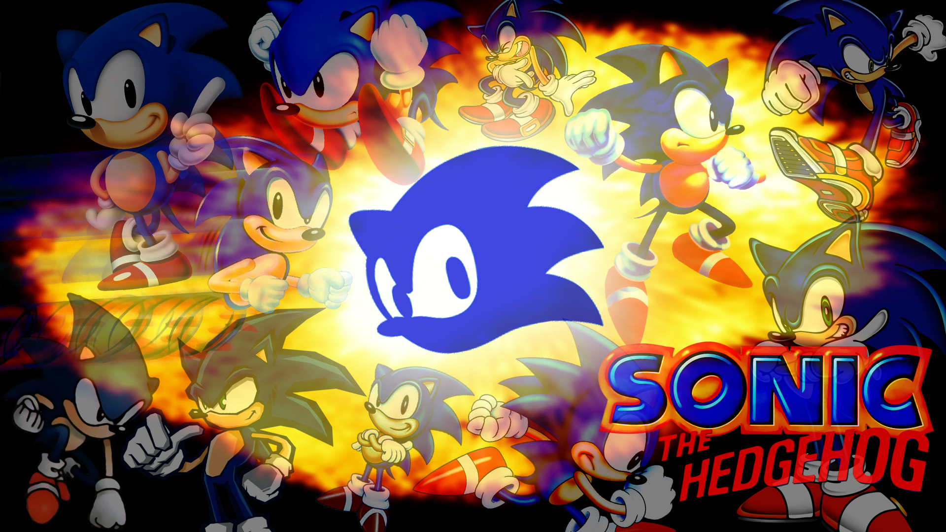 A collage of various Sonic the Hedgehog poses and styles, set against a vibrant, fiery backdrop with the game's logo