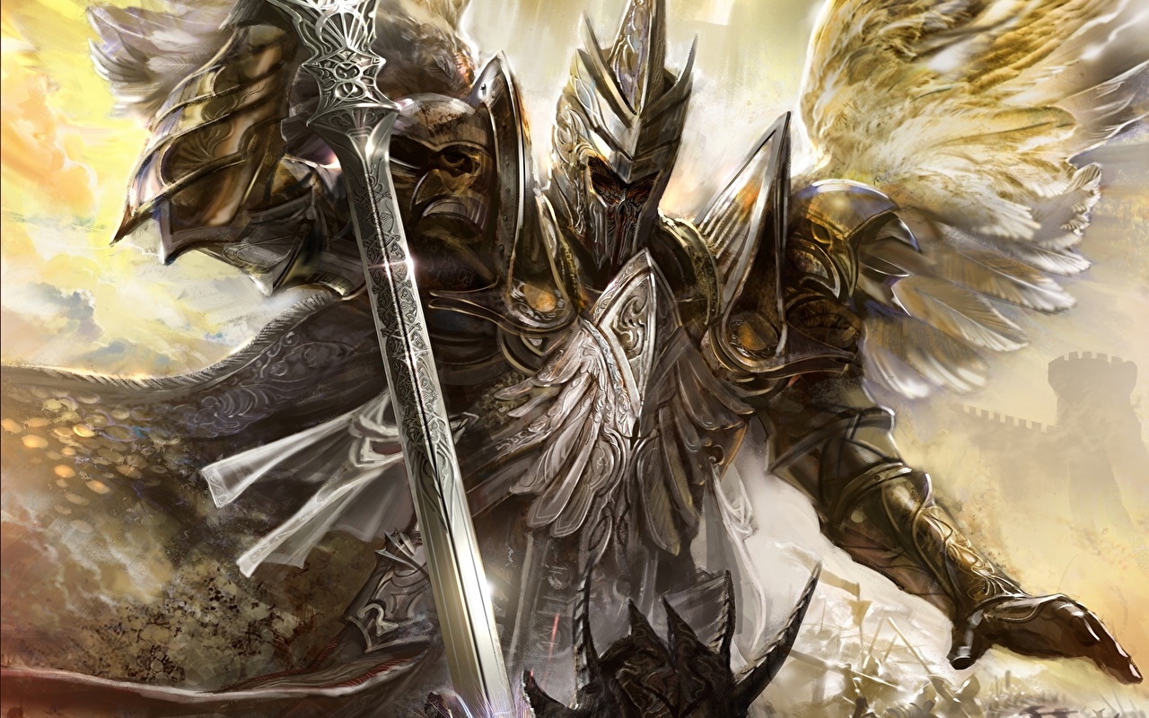 Wallpaper Swords Armour Helmet Warriors Wings Fantasy Angels