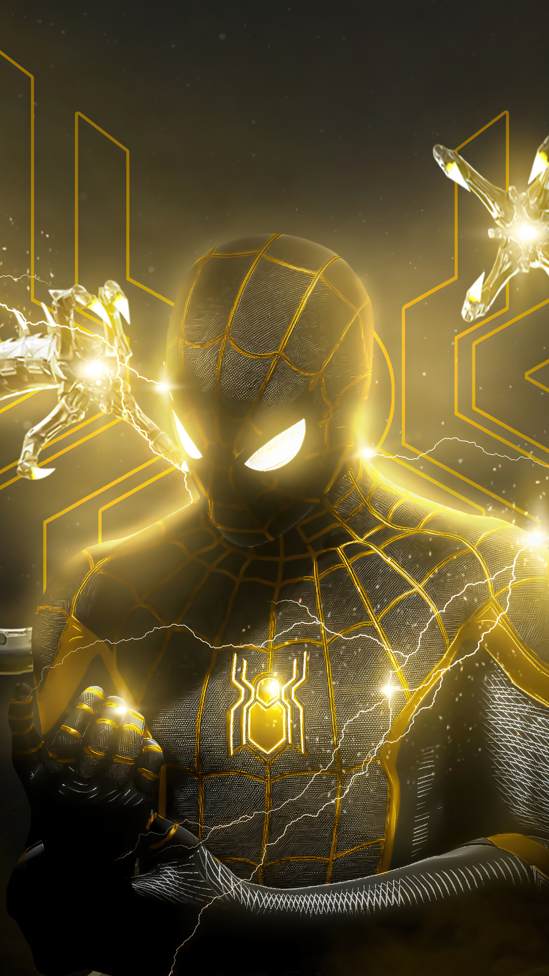 A striking phone wallpaper featuring Spider-Man in a black and gold suit, illuminated by glowing energy, perfect for fans of Marvel and superhero aesthetics