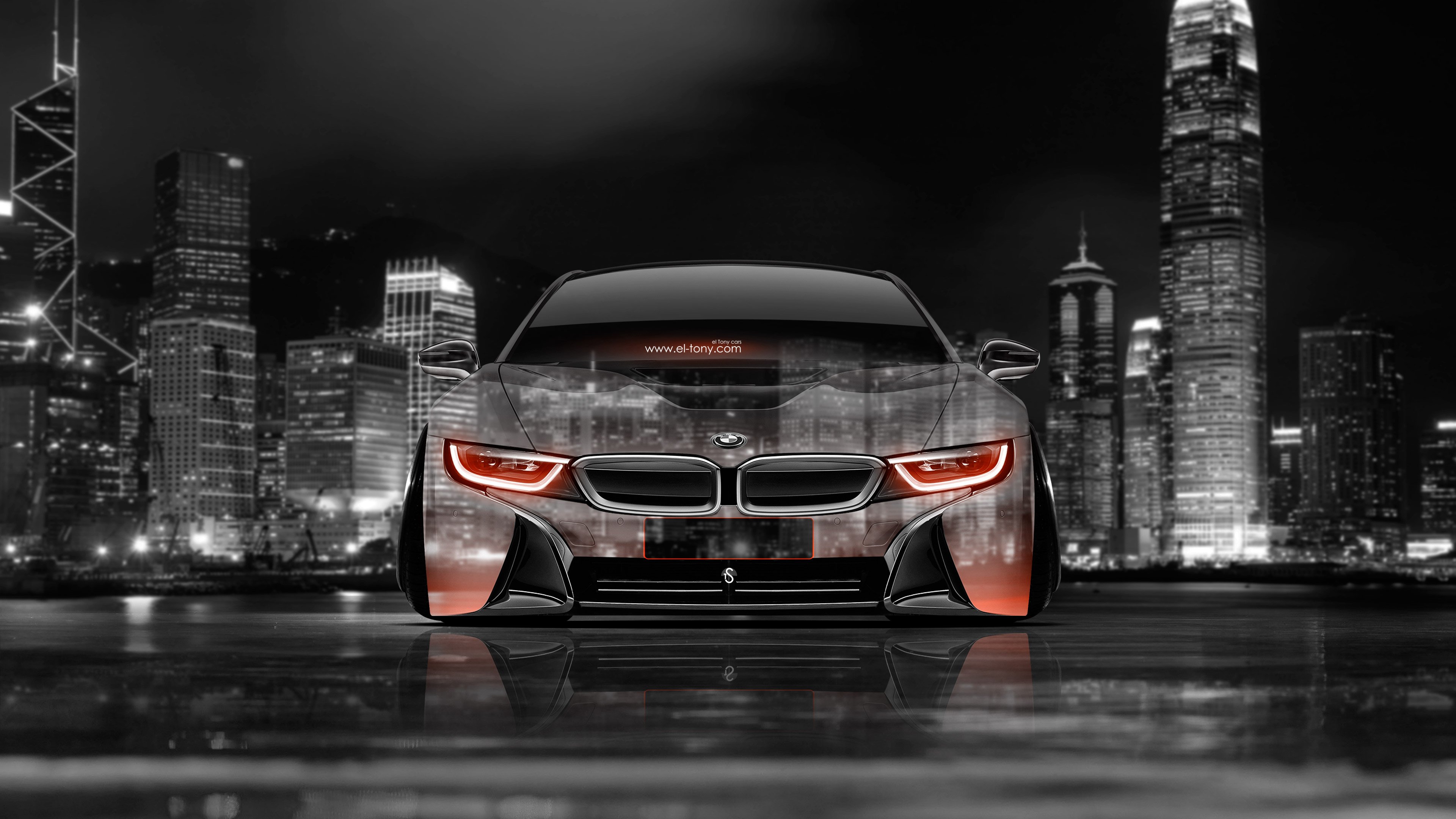 BMW i8 Front Crystal City Car 2014 Orange Neon 4K Wallpapers design by