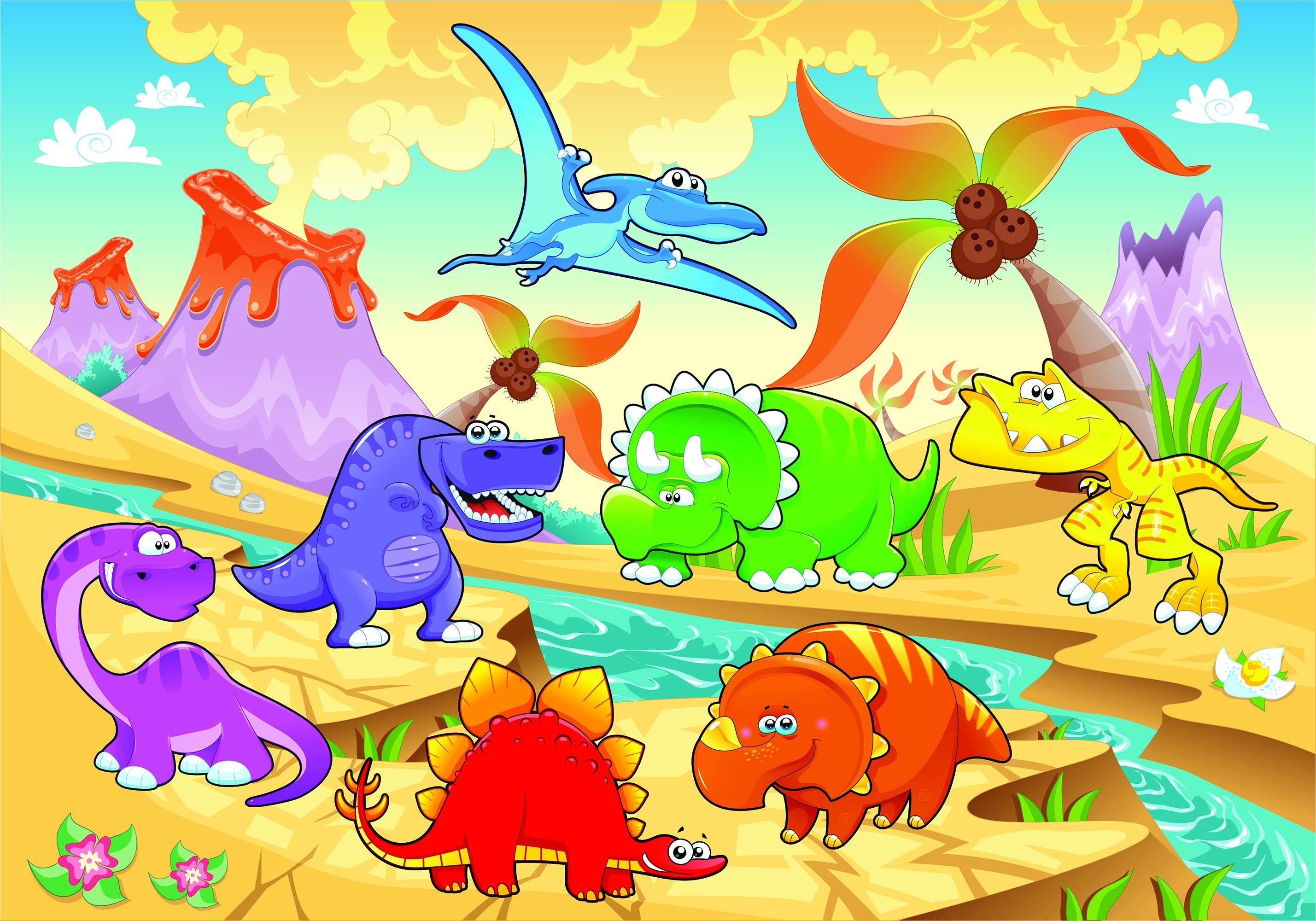 A cartoon landscape featuring a variety of cute and colorful dinosaurs, volcanoes, and palm trees. Perfect for a child's room or dinosaur-themed project