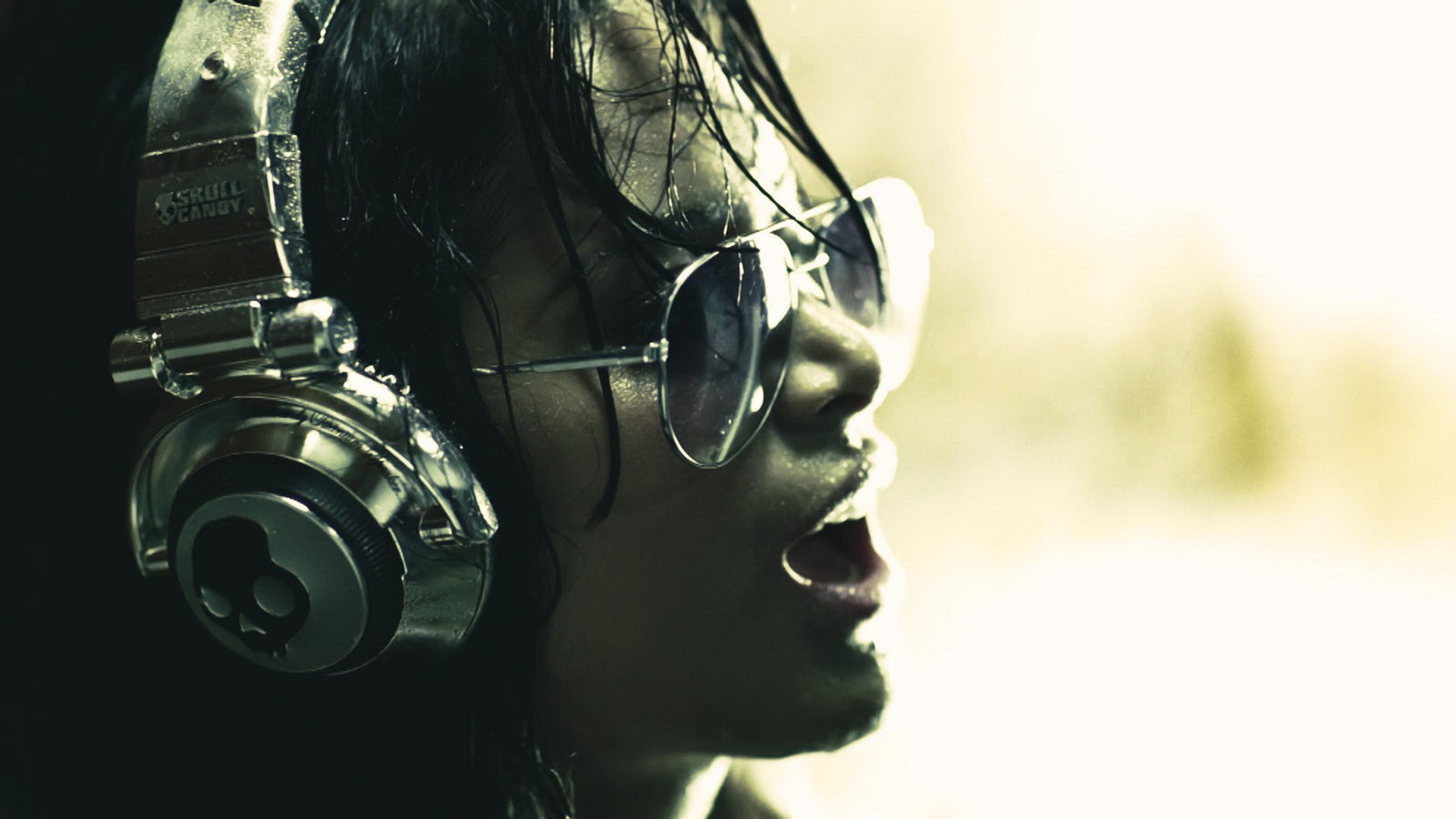 Headphones Brunettes Women Skulls Music Models Wet Glasses Wallpaper
