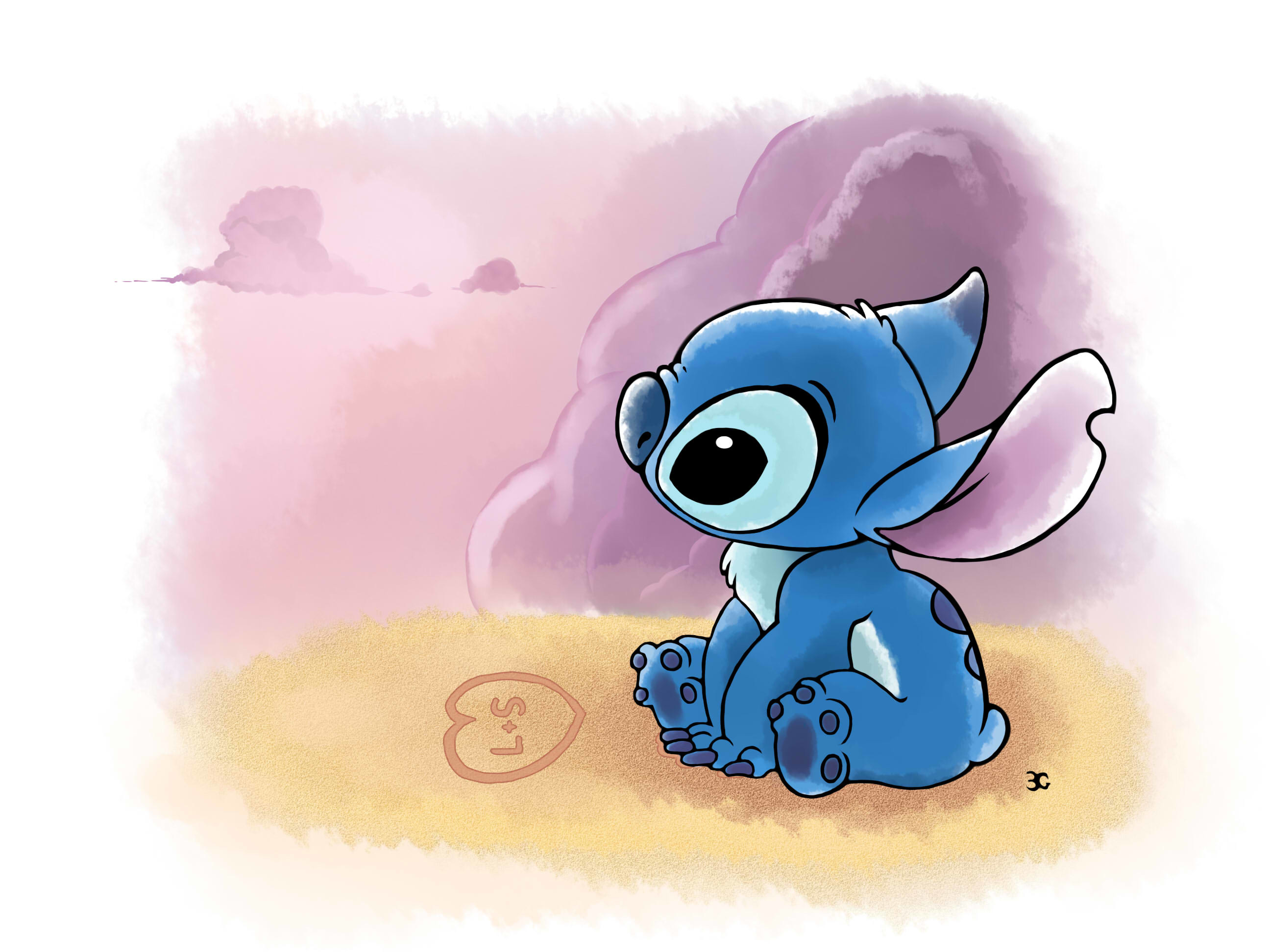 Adorable Stitch sits on a beach at sunset, gazing at a heart drawn in the sand with 'L+S' written inside. This charming wallpaper captures a tender moment from the beloved Disney film 'Lilo & Stitch'