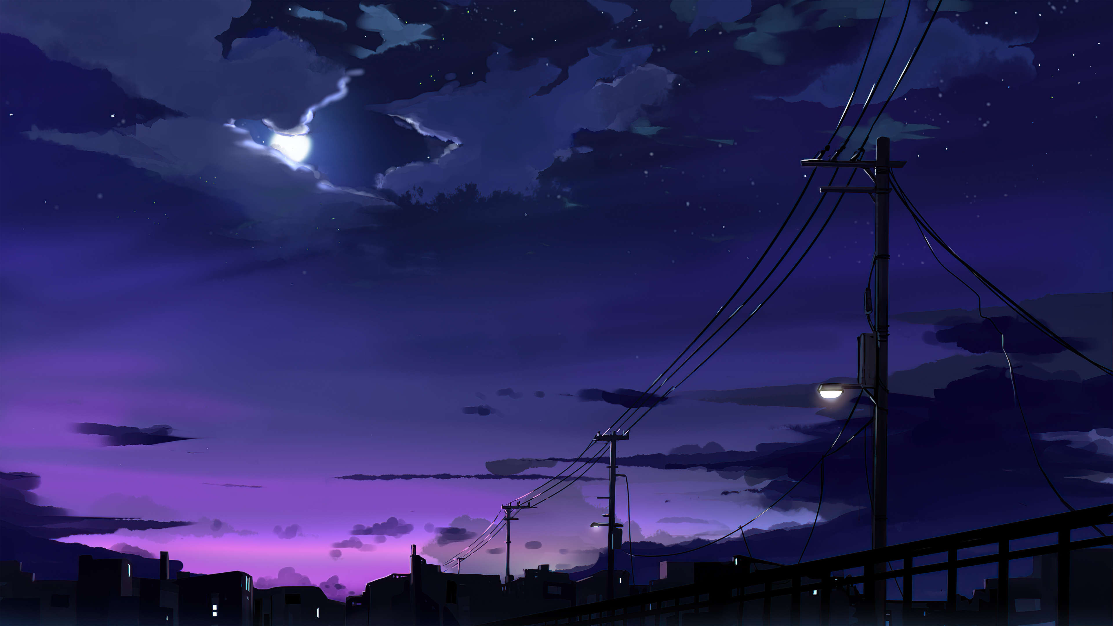 Power Lines Moon Anime Quite Night 4k HD Wallpaper