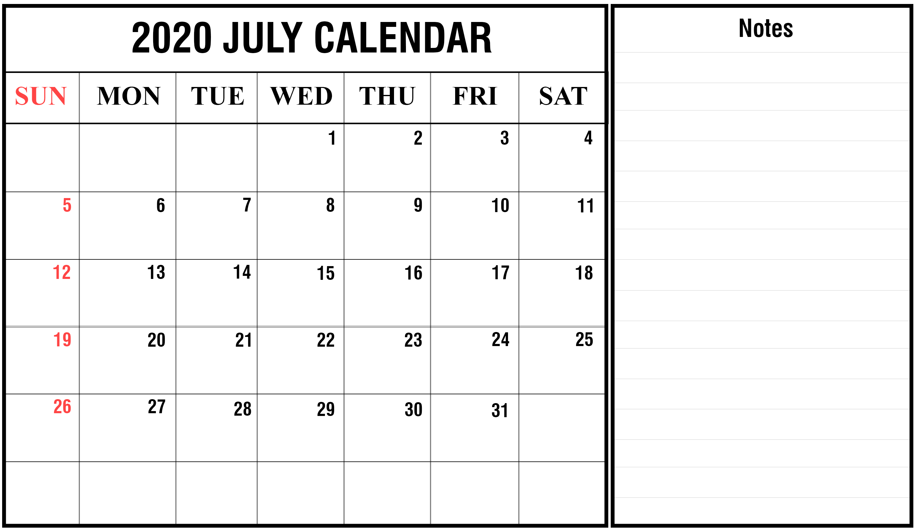 Awesome July 2020 Calendar PDF Word Excel Template 3000x1740