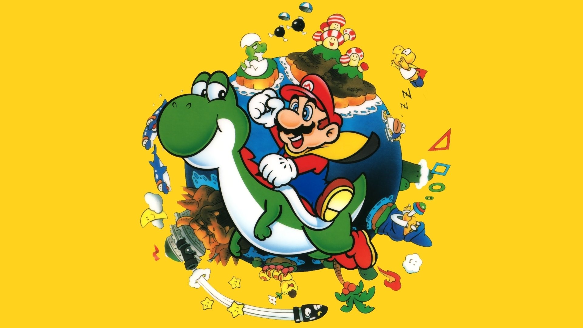 Super Mario riding Yoshi in a vibrant, whimsical world, surrounded by iconic elements from the Super Mario series