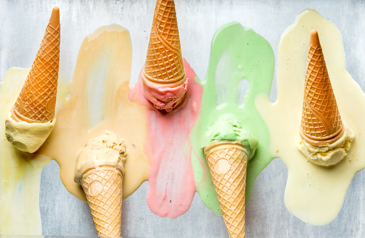 Photos Colorful Ice Cream Cones Of Different Flavors Melting