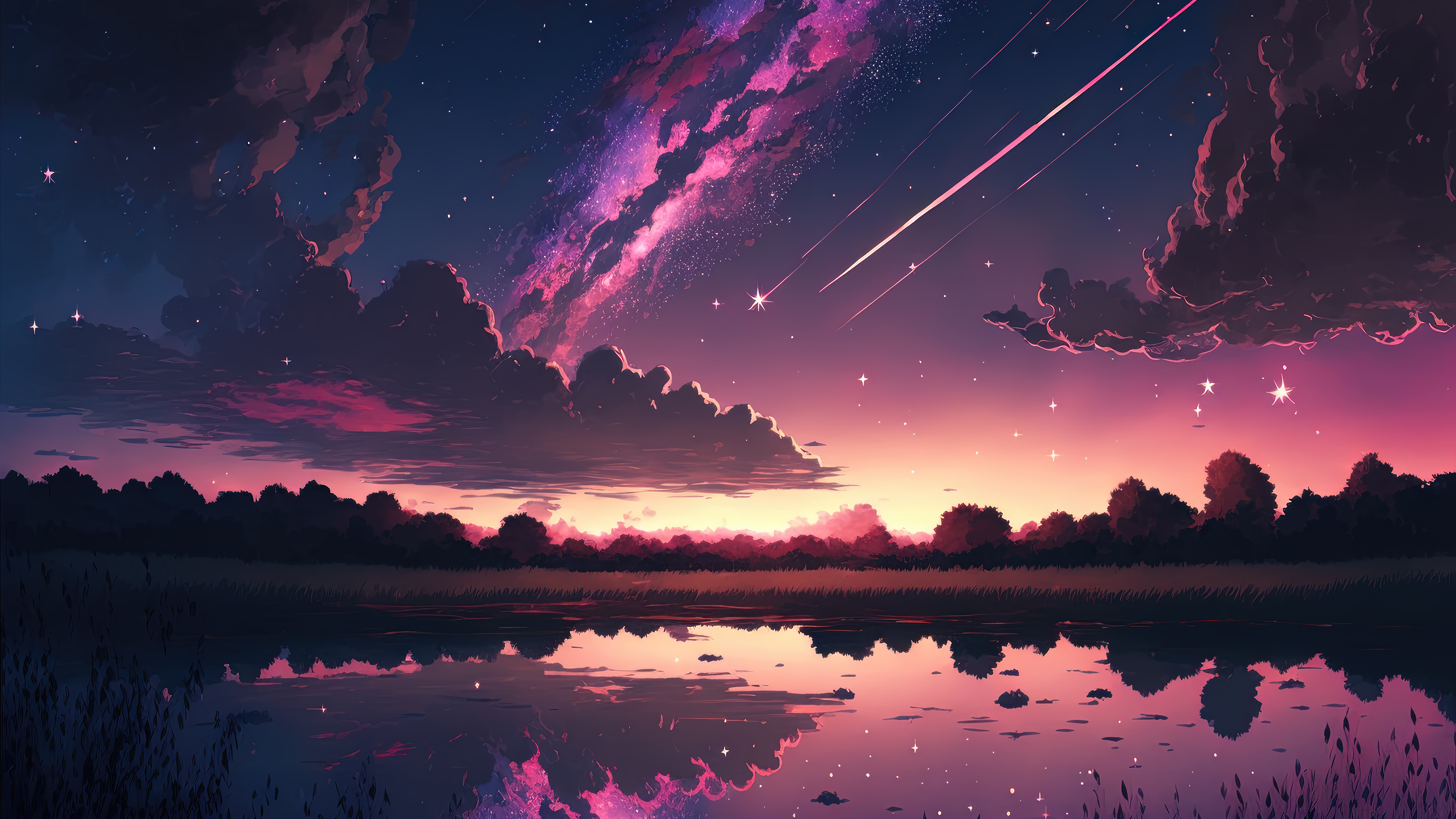 A breathtaking 4k wallpaper for PC featuring a tranquil lake reflecting a vibrant sunset sky, adorned with shooting stars and a colorful nebula