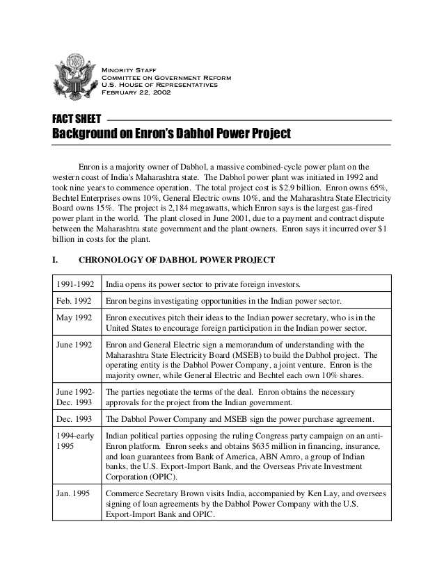 Background On Enron S Dabhol Power Project Fact Sheet By The Commit