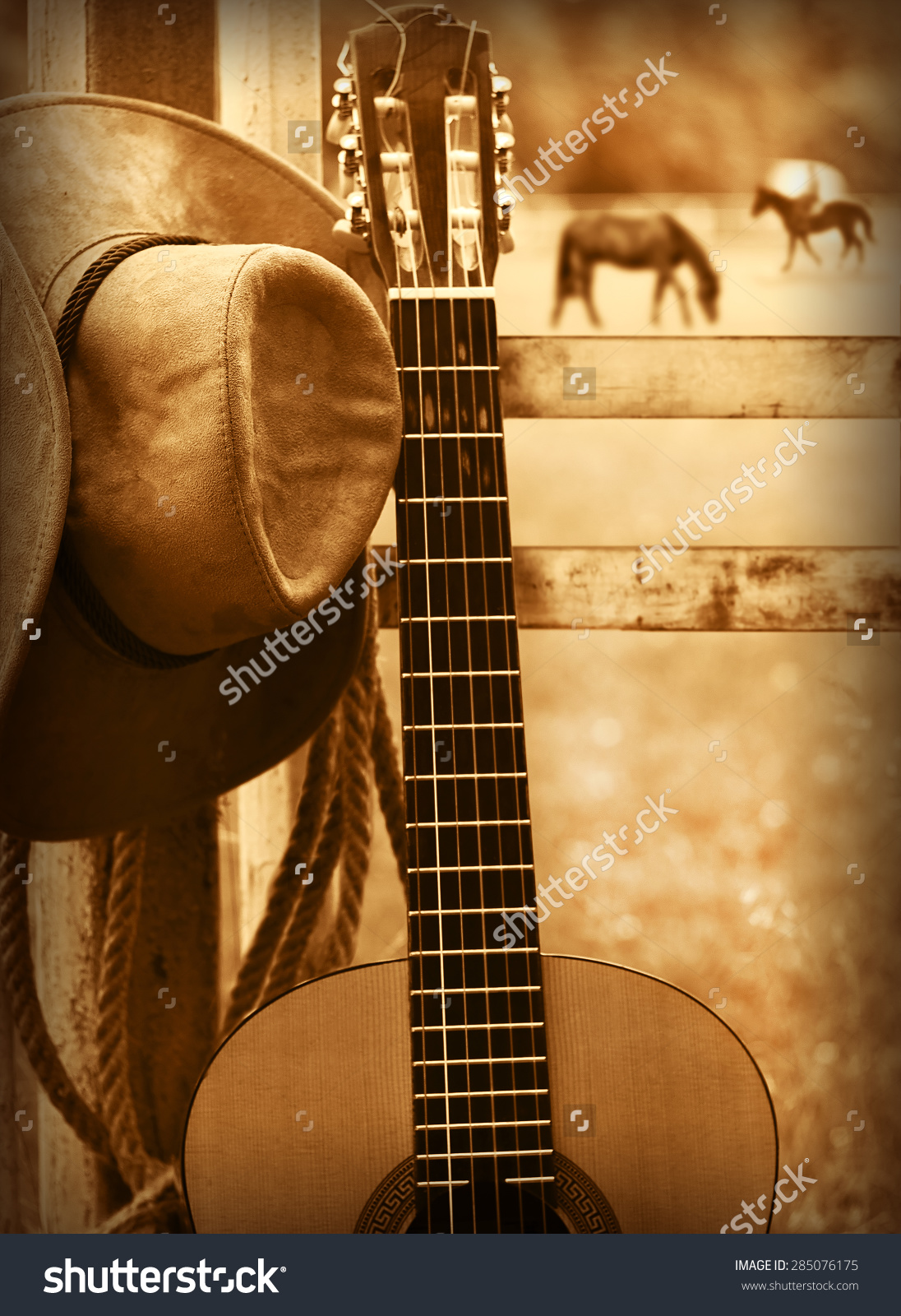 American Country Music Background With Cowboy Hat And Guitar Stock