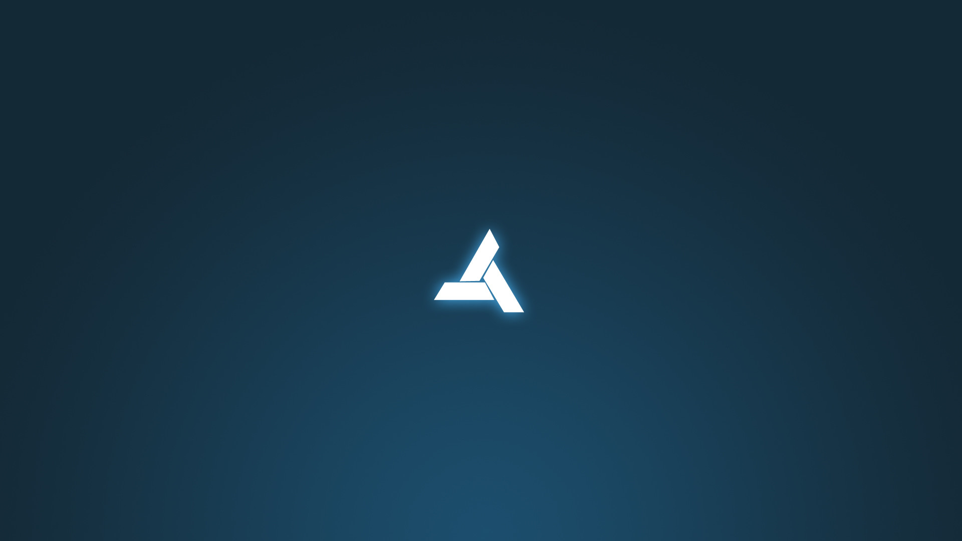 Minimalist wallpaper featuring a glowing white geometric triangle logo on a dark blue background