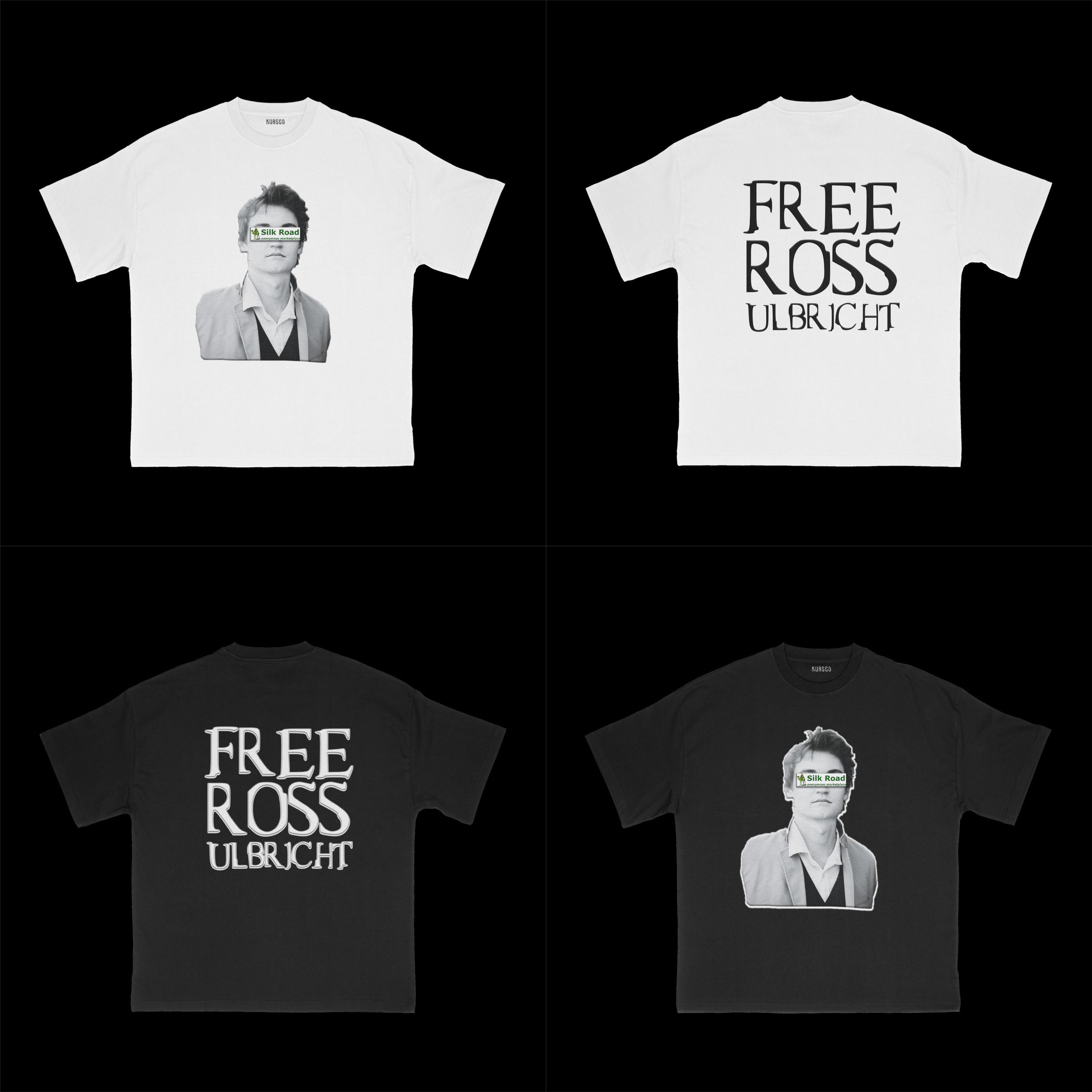 Four t-shirts featuring Ross Ulbricht's image and the slogan 'Free Ross Ulbricht'