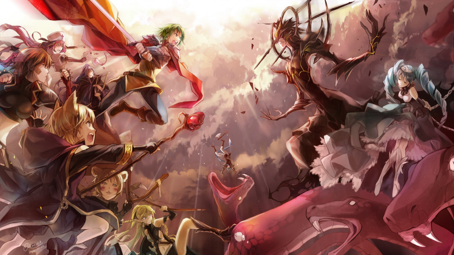 Party Battle Fighting Staff Monster Sword Snake Anime HD Wallpaper