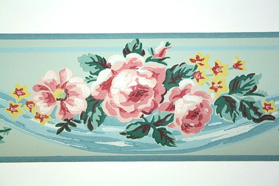 Full Vintage Wallpaper Border   TRIMZ   Pink Cabbage Rose on Blue Swag