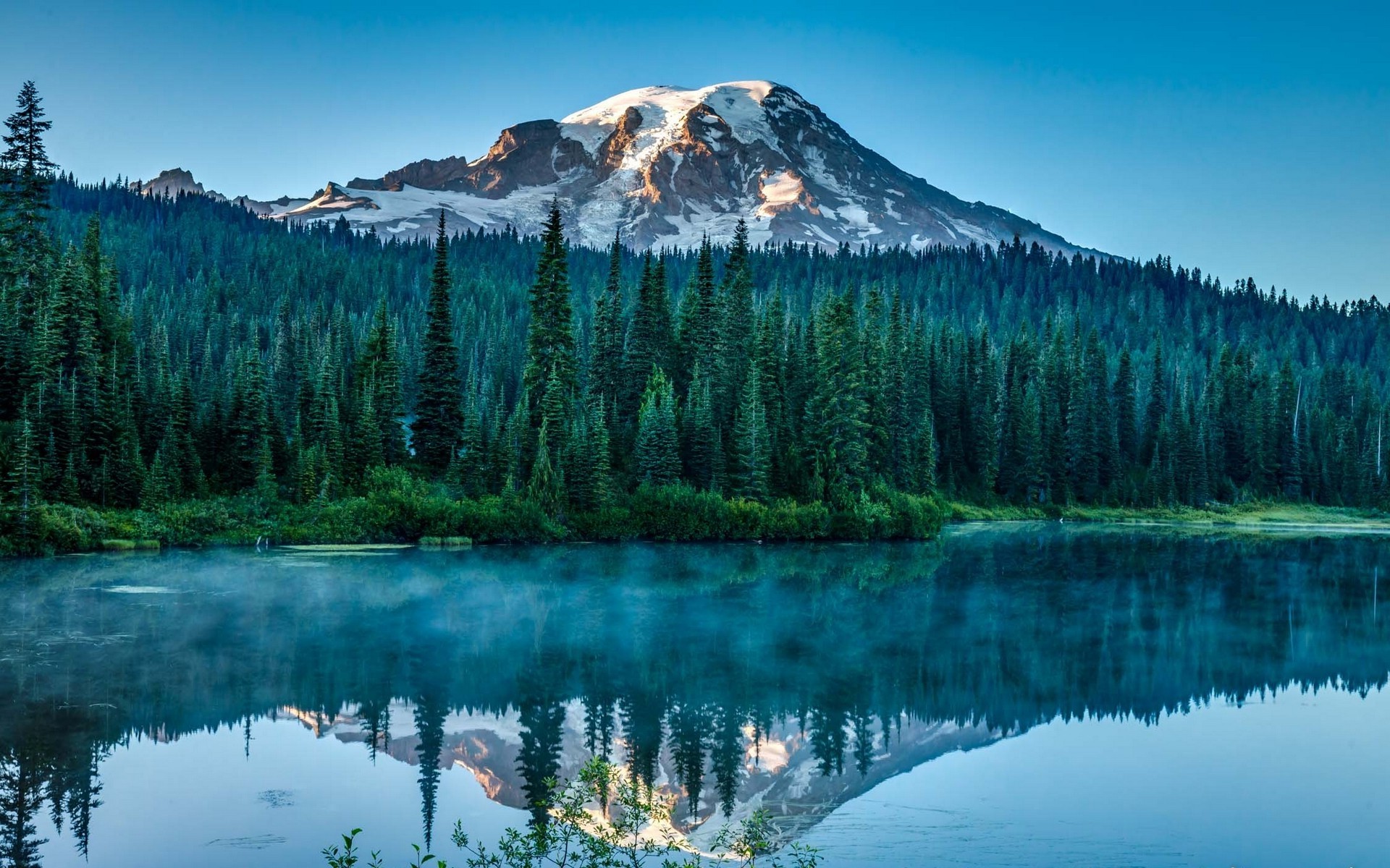 Nature Landscape Lake Forest Snowy Peak Morning Sunlight Wallpaper