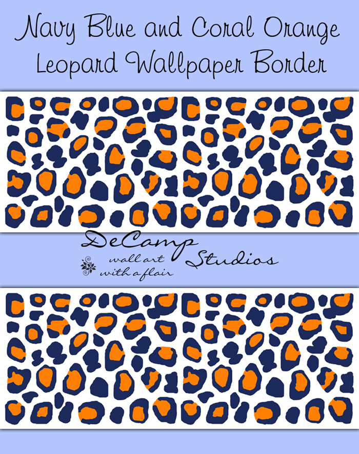 Navy Blue Coral Orange Leopard Wallpaper Border Wall Art Decals [419