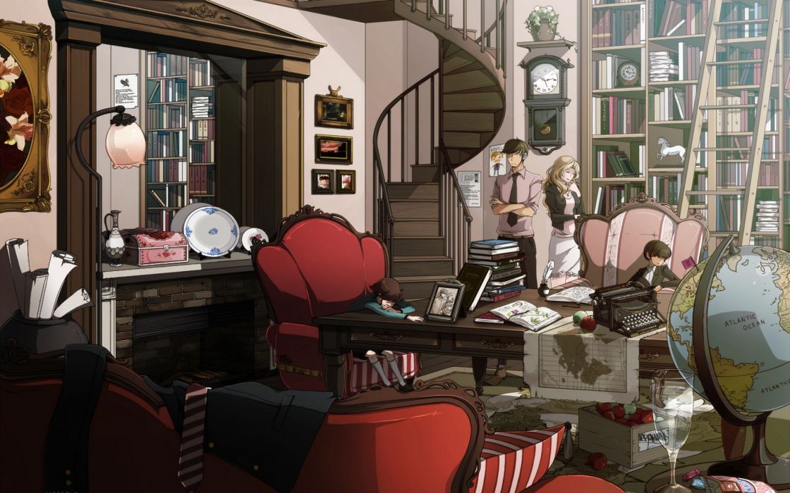 Japan Couch Clocks Stairways Globes Maps Messy Anime Bookshelf