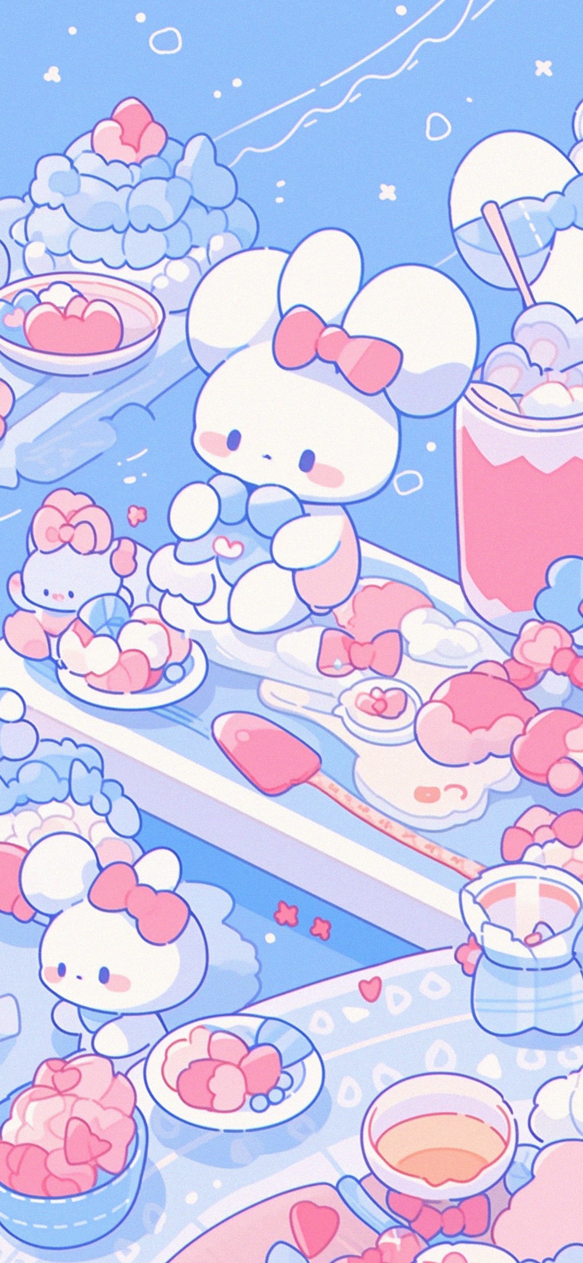 Whimsical illustration featuring adorable bunny-like characters surrounded by pastel-colored desserts and treats. The scene is decorated with hearts and bows, evoking a sweet and dreamy atmosphere