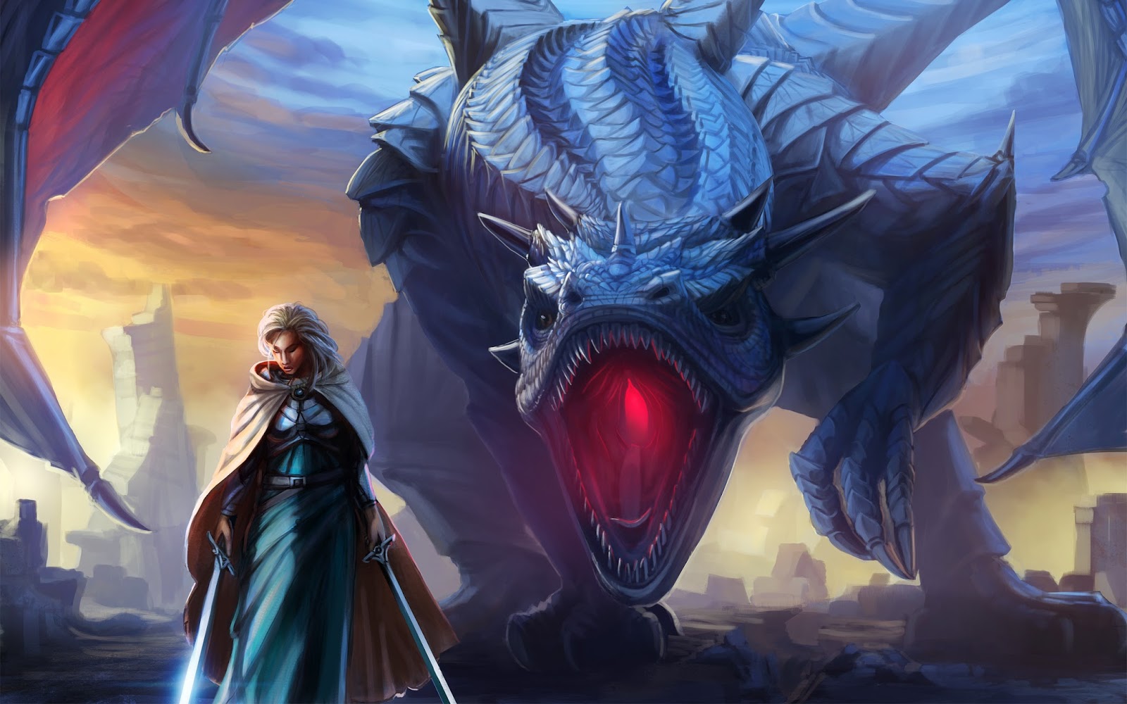 Female Warrior Sword Dragon Fantasy Widescreen HD Wallpaper