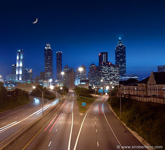 Atlanta Skyline At Night With Highway And Crescent Moon