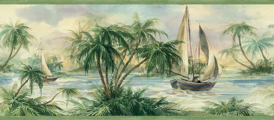 Tropical Sailboat Sage Wallpaper Border   Nautical Murals 911x400