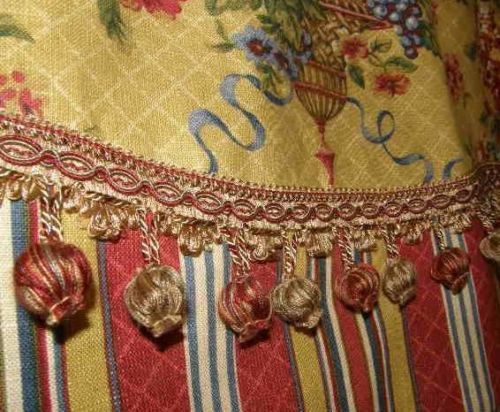 Custom Valance Curtain Waverly Floral Toile Stripe Red Gold Trim