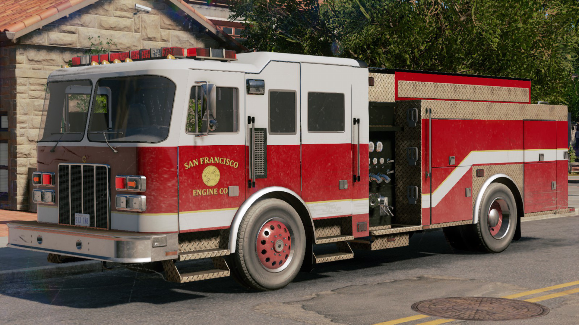 A vintage San Francisco fire truck parked on a city street