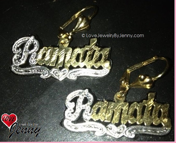 14k Gold Overlay Gp Dangling Script Name Earrings With Colored Acrylic