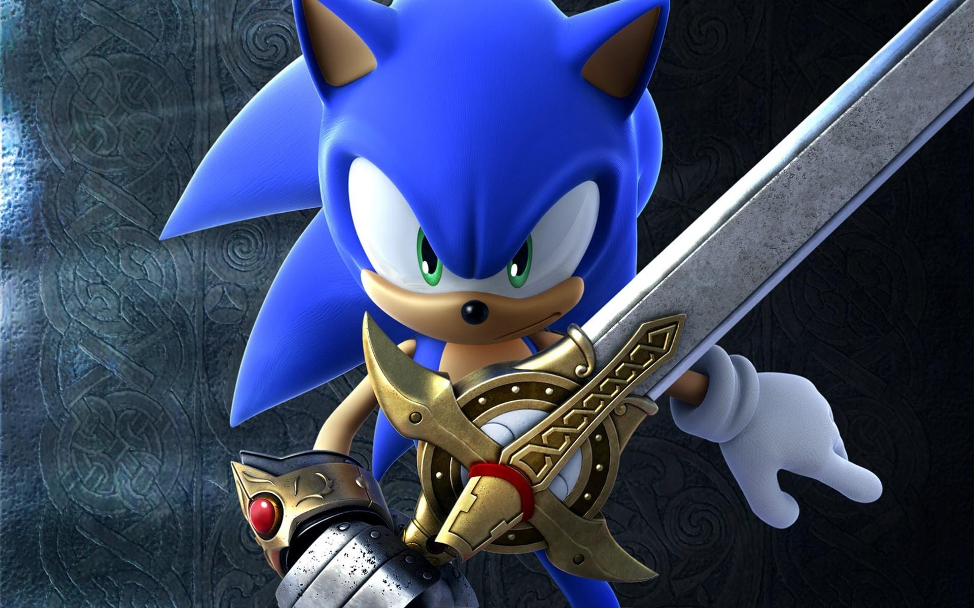 Sonic the Hedgehog wielding a sword in a regal pose, set against an intricate backdrop
