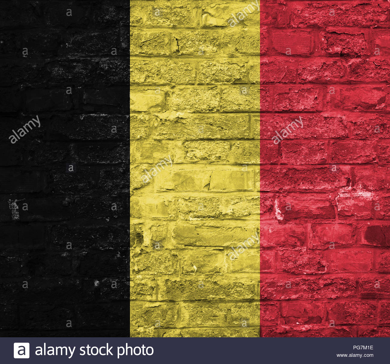 Flag Of Belgium Over An Old Brick Wall Background Surface Stock
