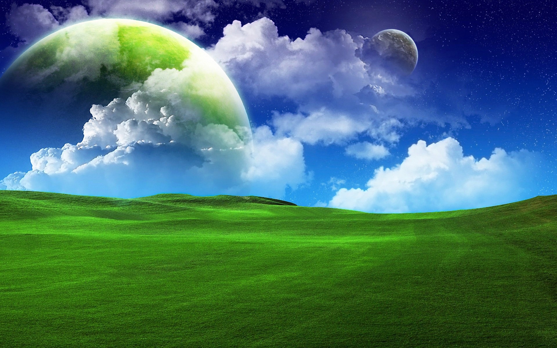 A surreal landscape reminiscent of the classic Windows XP wallpaper, featuring rolling green hills under a vibrant sky with a large, green-tinged planet and a smaller, grey moon