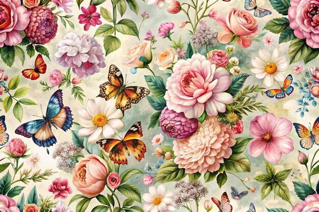 Real Floral Pattern Wallpaper With Flowers And Butterflies