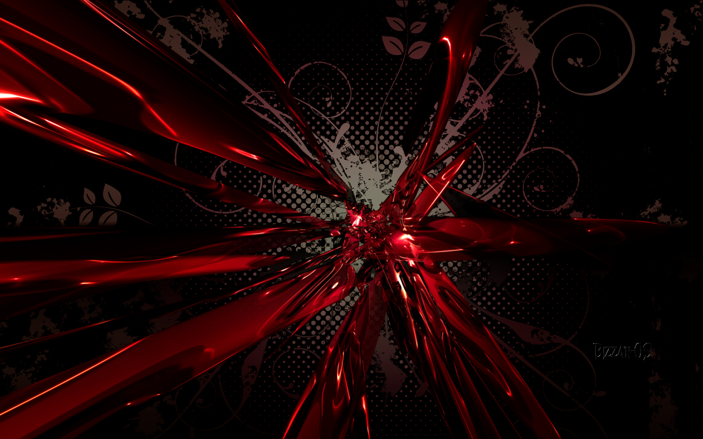 Abstract red 3D shapes on a dark background with grunge floral pattern
