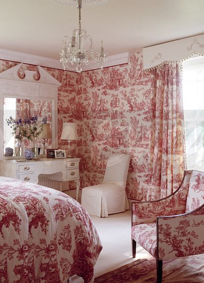 Image Pink Toile De Jouy Wallpaper And Matching Curtains Armchair