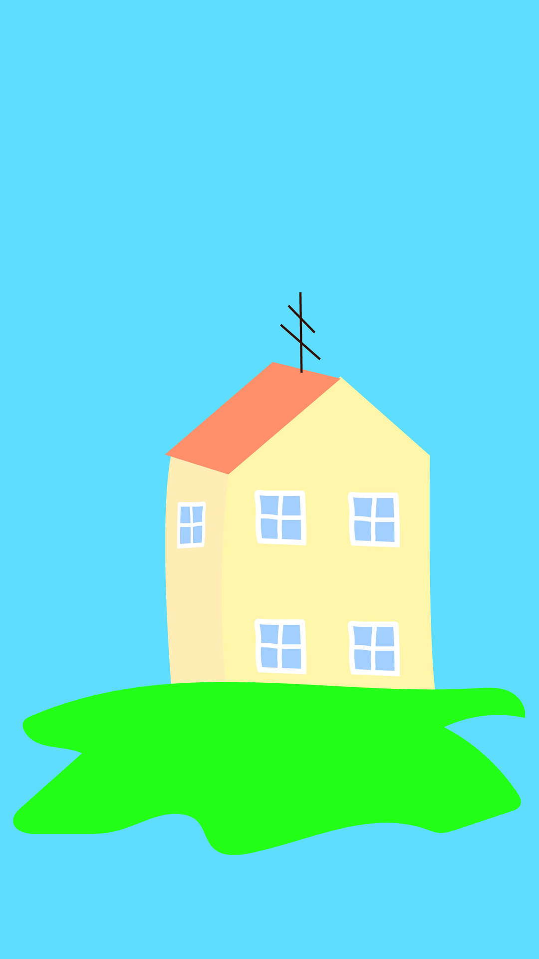A whimsical cartoon house on a bright green lawn, evoking a childlike charm and playful style