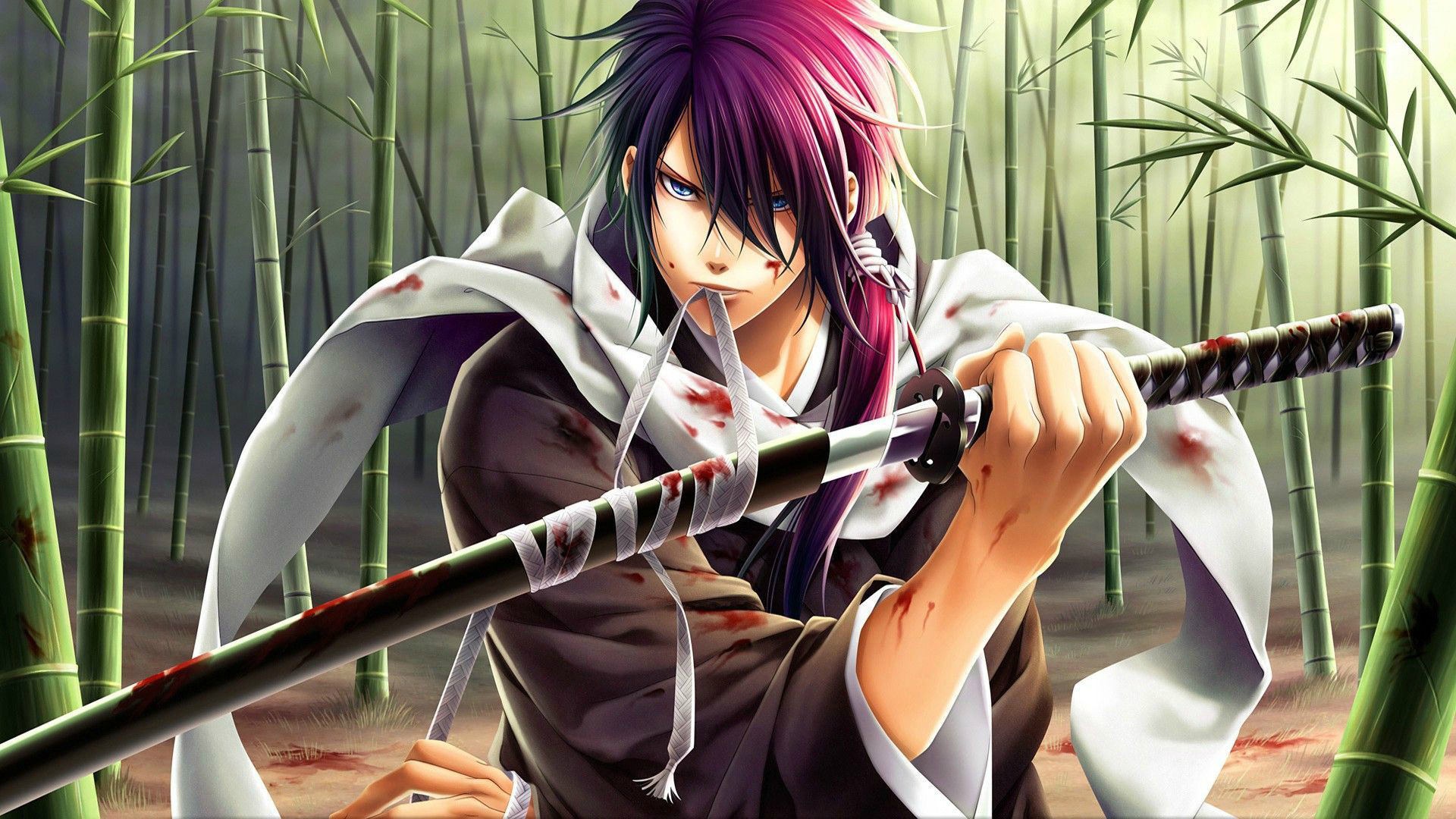 Anime character with purple hair and katana in bamboo forest