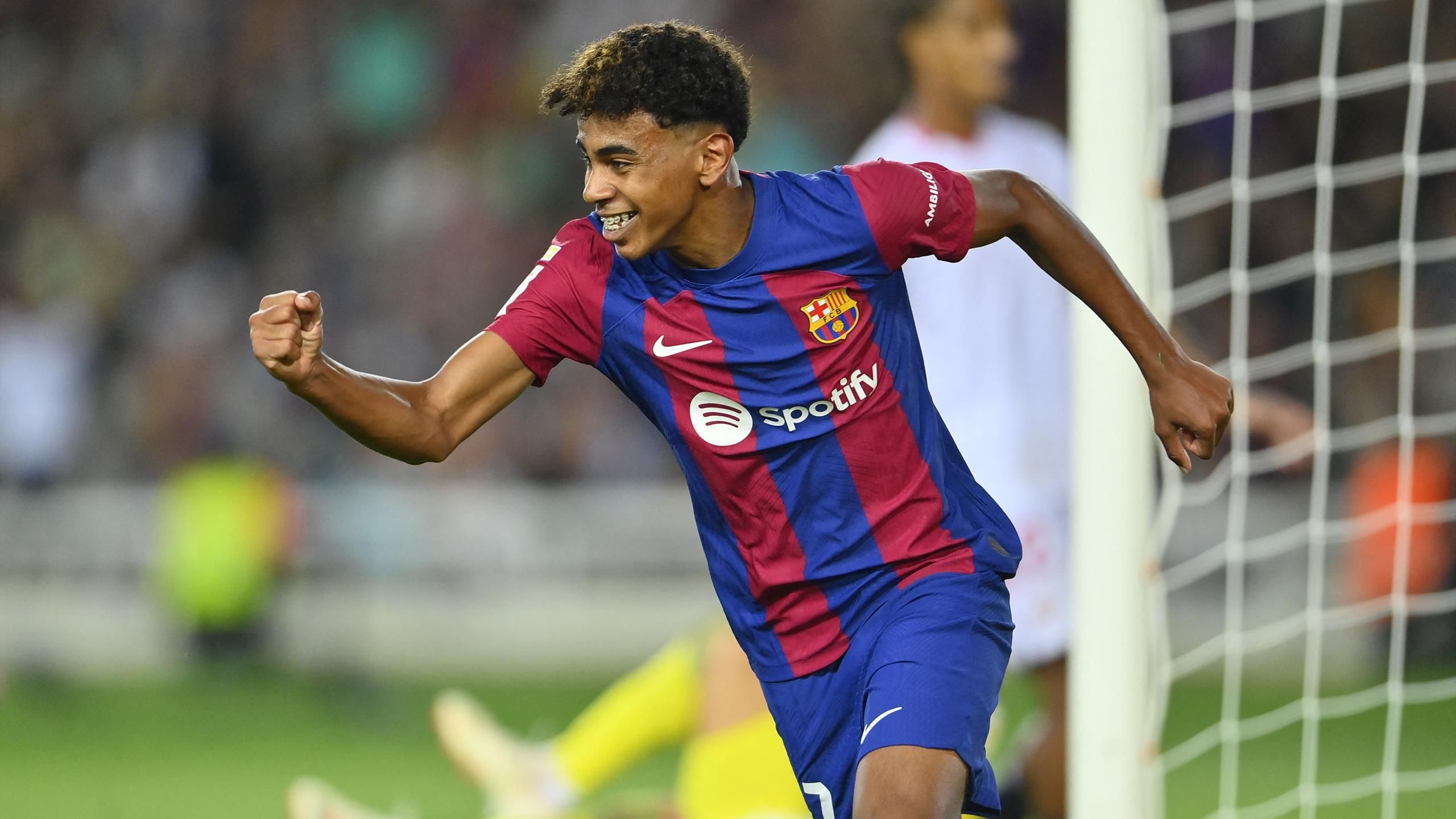 Lamine Yamal celebrates a goal for FC Barcelona
