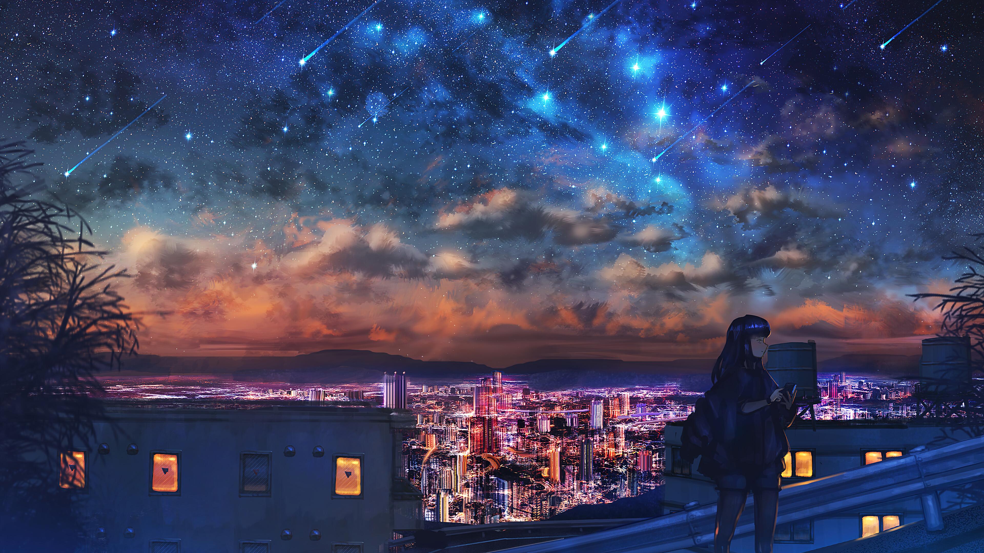 Starry Night Sky Stars City Anime Girl HD 4k Wallpaper