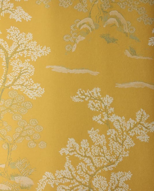 Oriental Tree Wallpaper Yellow wallpaper with white and green chinese