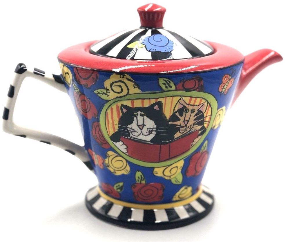 Catzilla Candace Reiter Cats Blue And Red Teapot 2005sale By